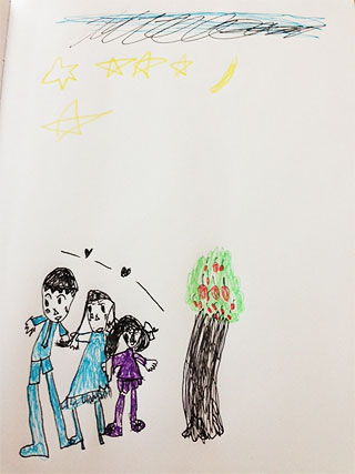 出国直前に娘が描いた家族3人の絵。その時に私が持っていたペンを使ったので色数が少ない