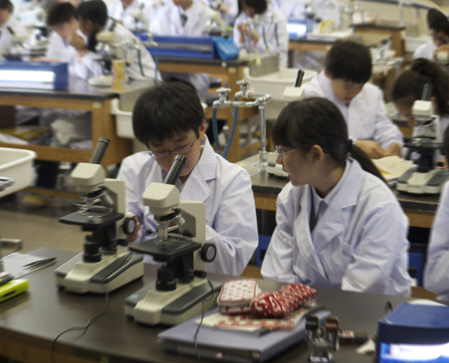 小石川中等教育学校での実験の様子。SSHに指定されているだけあって最先端の実験器具が揃っている