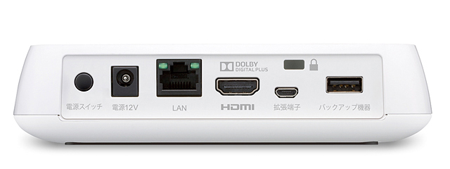 裏側には電源スイッチ、LAN端子、HDMI端子、microUSB端子、USB端子がある