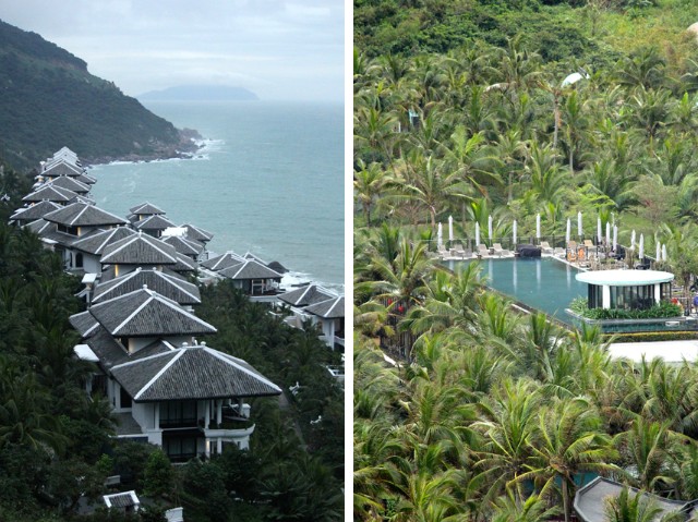 左／崖に沿って建てられた美しい建築群。右／まるでジャングルの中に浮かぶようなワイドプール