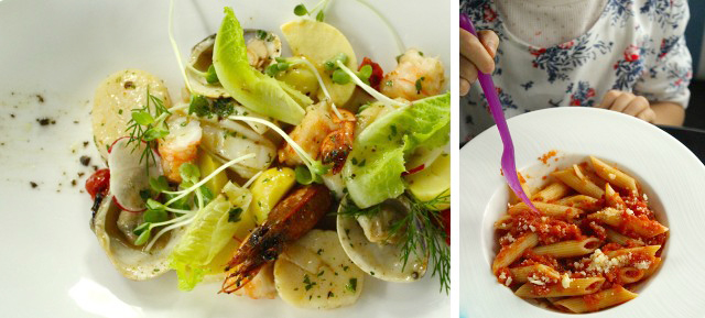 左／フレッシュな野菜と自家菜園のハーブをちりばめた、魚介のサラダ。右／キッズメニューはパスタの種類やソースまで選べる本格派