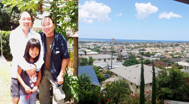 （左）そっくりツインズのデレク（左）とゲレク（右）。ハワイ生まれの心の温かいロコボーイで、娘の英語と優しい心の成長を支えてくれました。帰国後も、交流は続いています

（右）2軒目に住んだカイムキの家の、双子の大家さんの家のリビングからの眺め。大家さん達は、物価高のハワイで食費を節約するため、家の庭でニワトリを4羽飼っていました



