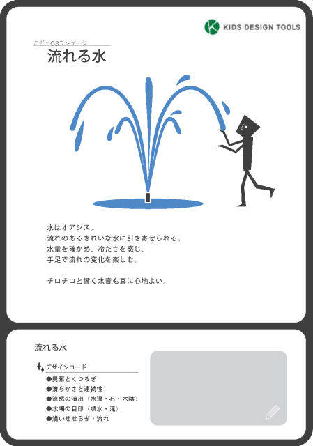 「流れる水」のプレイフル・デザイン・カード<br>プレイフル・デザイン・カードは、こどもOSランゲージに基づいて、アイデア／デザインを発想するためのカード。キッズデザイン協議会が販売している